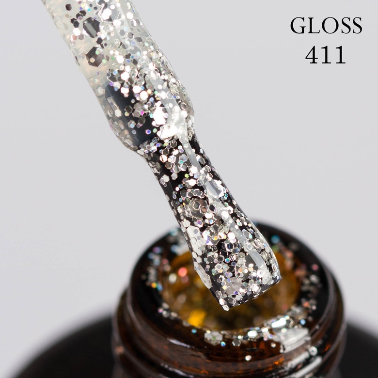 Gel polish GLOSS 411 (silver, holographic microglitter and sparkles), 11 ml