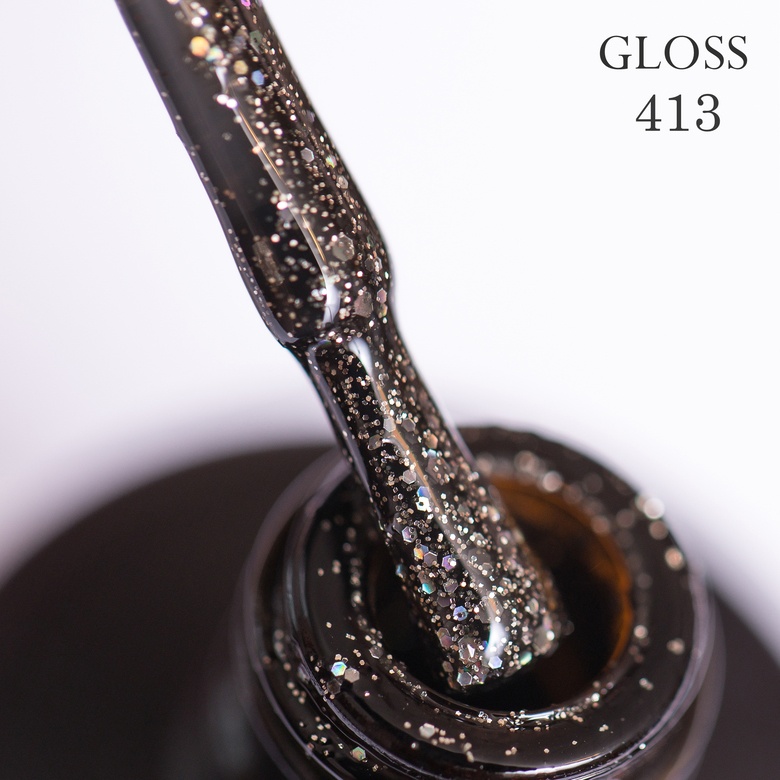 Gel polish GLOSS 413 (black, microglitter and holographic sparkles), 11 ml