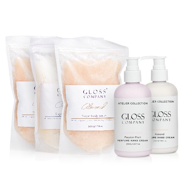 SPA care set GLOSS (body scrub - 3 pcs, hand cream 236 ml - 2 pcs)